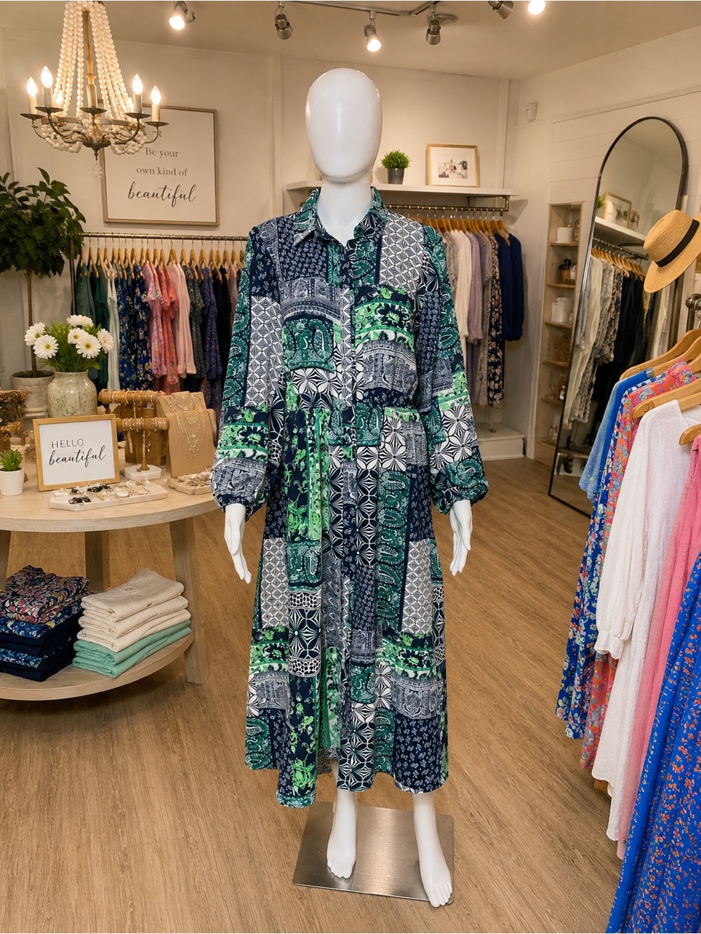 LOFT Green and Navy Patchwork Maxi Dress